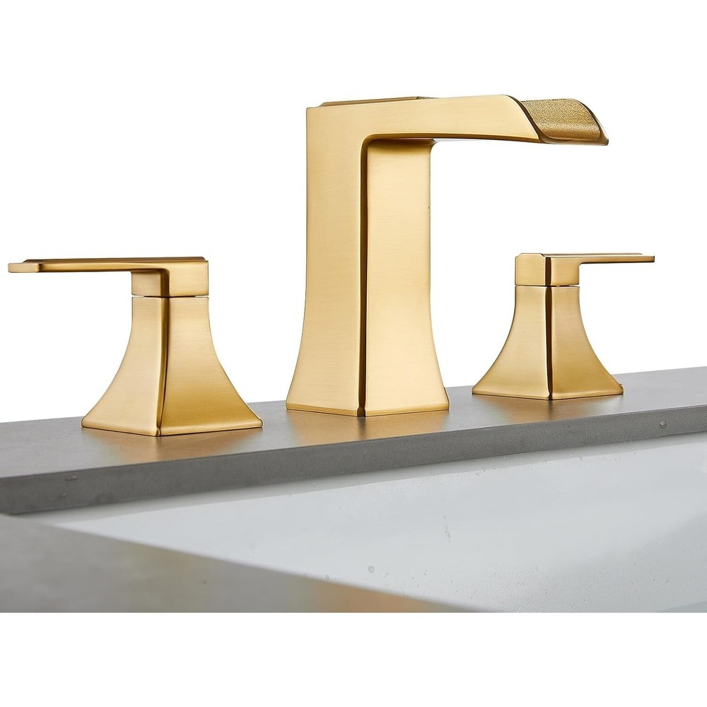 Brushed Gold Widespread Waterfall Bathroom Faucet 3 Hole Mixer Tap with Drain